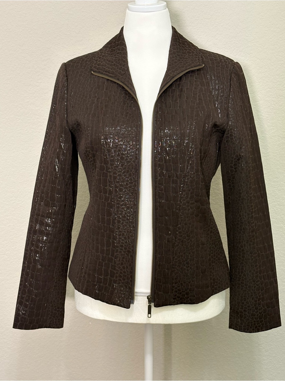 Leslie Stuart Vintage Croc Embossed Brown Faux Leather Jacket Size 10